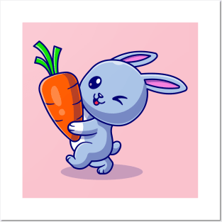 Cute Rabbit Holding Carrot Cartoon Posters and Art